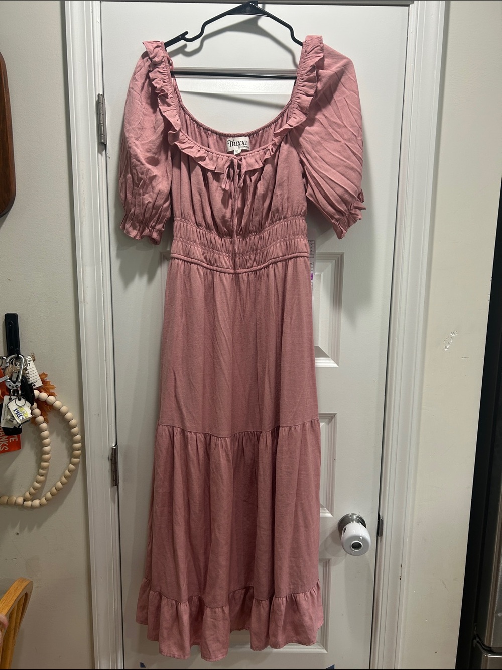 Trixxi Rose-Pink Midi Dress with Ruffle Neckline